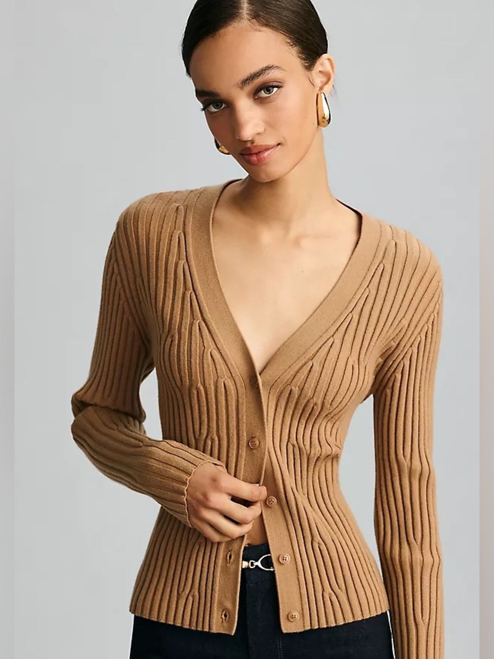 Paige Shirin Cardigan in Dark Camel Tan Ribbed Sweater Women’s Size M